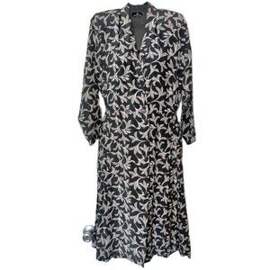 Silk Studio True Wrap Dress Size 10 Petite 100% Silk Black Gray Floral Print VTG